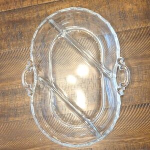 VINTAGE CRYSTAL FOSTORIA CENTURY 3 PART DIVIDED OLIVE/APP DISH 11”x7”x2”